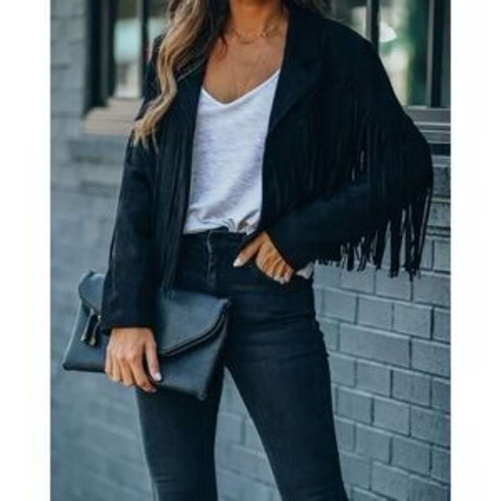 Black Fringe Women's Jacket faux suede blazer - Picture 4 of 5